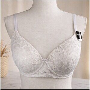New Kathy Ireland White Lace Feminine Coquette Underwire Push Up Bra 38C
